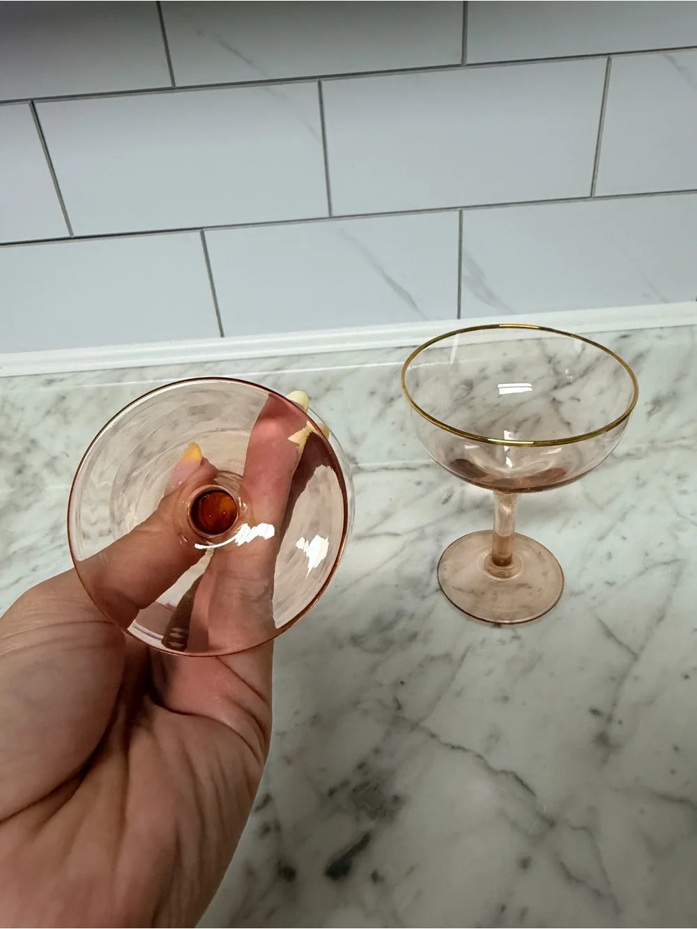 Anthropologie Blush Pink Coupe Glasses with Gold Rim - Set of 2
